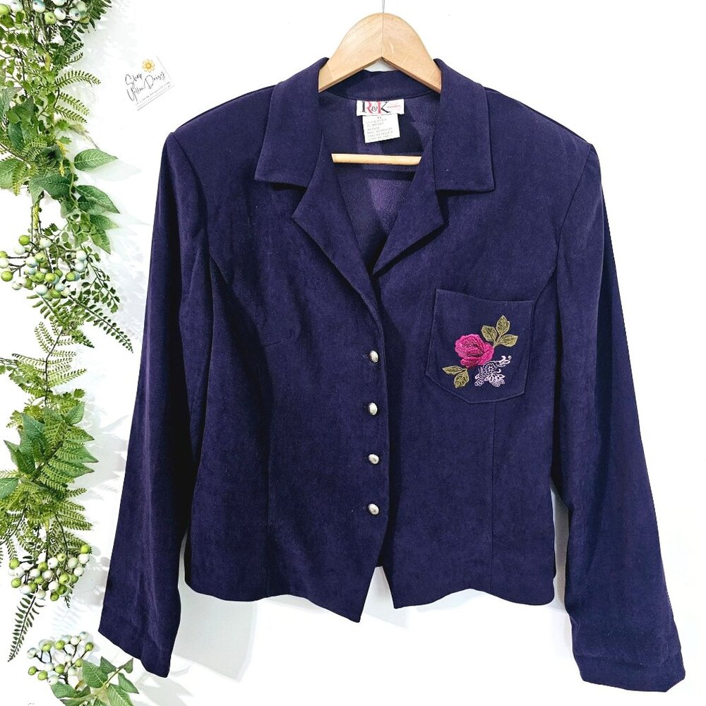 90s R&K Originals Purple Faux Suede Floral Embroidered Blazer Jacket Whimsigoth